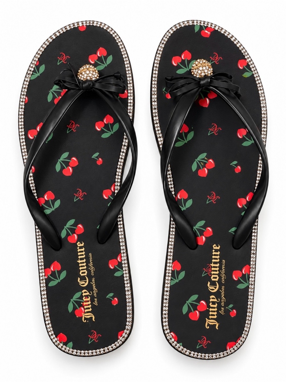 Juicy Couture Black Cherry Print Rhinestone Bow Flip Flops